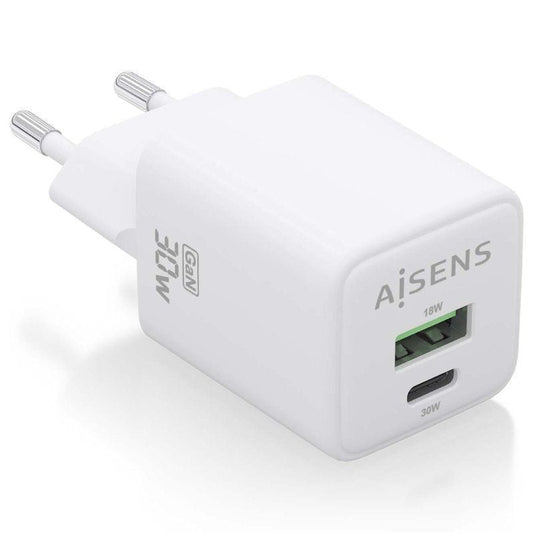 Cargador de Pared GaN Aisens ASCH-30W2P037-W/ 1xUSB Tipo-C/ 1xUSB/ 30W